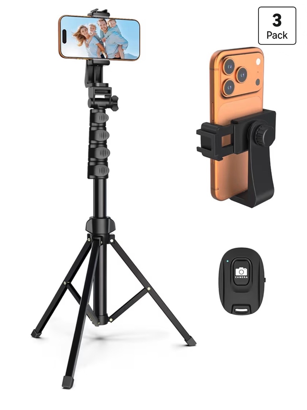 Amazon Black Adjustable Phone Tripod with Bluetooth Remote – 3 Pack
